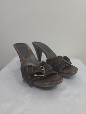 Zena Women's Brown Suede Slide Heels with Buckle Detail